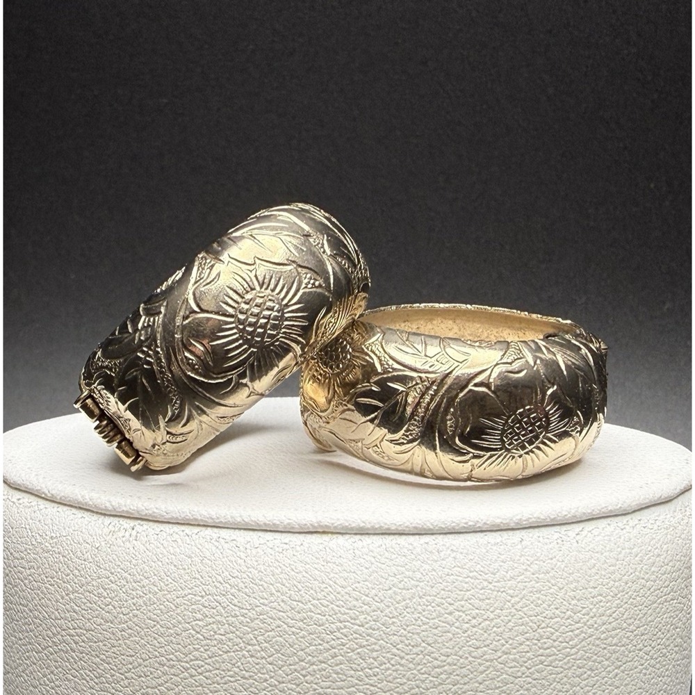 Vintage Silver Tone Floral Repoussé Wide Hoop Clip On Earrings Victorian Revival